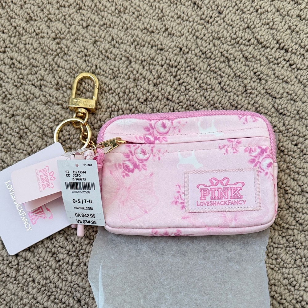 LoveShackFancy Pink Floral Card Holder with Gold Keychain